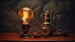 Vintage kerosene lamp on wooden table and dark background.