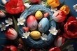 easter eggs in nest with tulips on blue background, infused symbolism