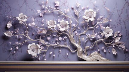 Immerse in nature's beauty with a 3D wallpaper featuring a vibrant floral tree. Lavender flower leaves and a gleaming silver stem add a touch of elegance.