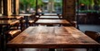 empty wooden tables in restaurant, close up shot