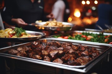 Wall Mural - Buffet food indoor in restaurant with grilled meat.