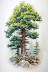 Wall Mural - Watercolor and pencil drawing of pine tree.