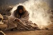 Man sitting in sackcloth and ashes, Bible story.