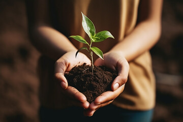 Close-up of female hands holding young plant in soil. Earth day concept