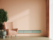 Peach fuzz is a trend color year 2024 in the luxury living room. Painted mockup wall for art - peach apricot beige pastel colour. Modern room design interior home. Accent premium lounge. 3d render