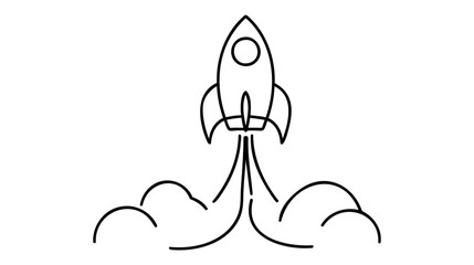 Poster - One continuous line drawing of simple retro spacecraft flying up to the outer space nebula.