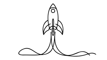 Poster - One continuous line drawing of simple retro spacecraft flying up to the outer space nebula.