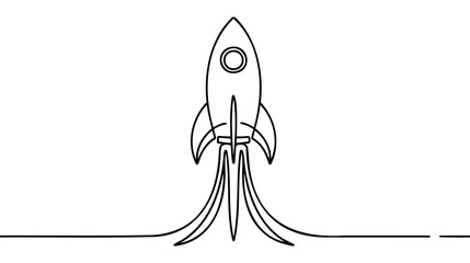 Poster - One continuous line drawing of simple retro spacecraft flying up to the outer space nebula.