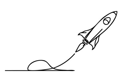 Poster - One continuous line drawing of simple retro spacecraft flying up to the outer space nebula.