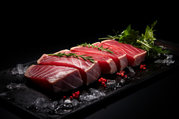 Wall Mural - a sliced fresh raw tuna steak on a black stone slab, with fresh herbs, ice, pepper and lemon