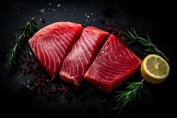 Wall Mural - a sliced fresh raw tuna steak on a black stone slab, with fresh herbs, pepper and lemon