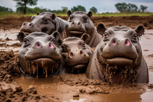 Group Of Hippos Lounging In Mud In Their Natural Habitat Suitable For Wildlife Awareness Campaigns