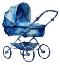 Watercolor Illustration Of A Blue Baby Carriage. It's A Boy. Newborn. Transparent Background, Png. Ai Generated.