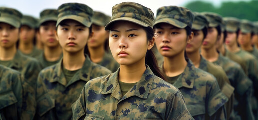 Wall Mural - Group of young Asian women in military digital camouflage uniforms standing at army ceremony or presentation. Generative AI