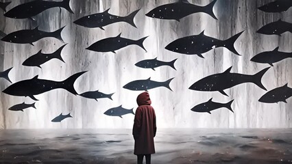 Wall Mural - 魚のシルエットと人の後姿,Generative AI 