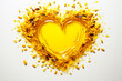 Splashes and drops of flaxseed oil and flax seeds form a heart shape on a light background.