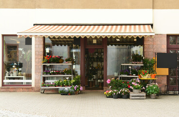 View of flower shop on city street