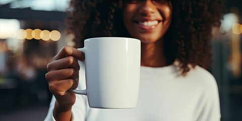 woman holding up a white coffee mug, generative AI