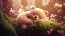 Lovely Lullaby For Baby Polar Bear Sleep On Forest With Flowers In Love, Cozy And Nice Dream At Night. 4k Quality Looping Footage. Generated With Ai