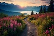 A winding trail along the lakeshore, bordered by colorful wildflowers and the distant silhouette of mist-covered mountains. Tranquil trail.