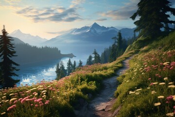 Wall Mural - A winding trail along the lakeshore, bordered by colorful wildflowers and the distant silhouette of mist-covered mountains. Tranquil trail.
