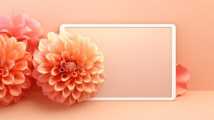 Peach dahlias beside a blank computer screen, on a peach background