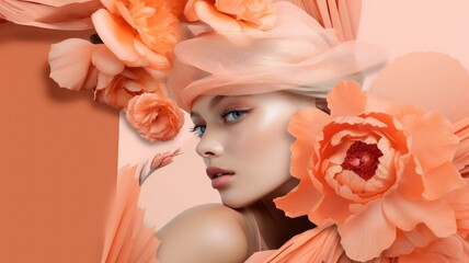 Woman with peach-toned flowers and fabric, artistic makeup, and striking gaze