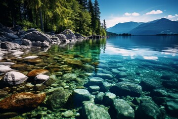 Wall Mural - A rocky shoreline with pebbles and driftwood, leading to the clear waters of the lake reflecting the surrounding greenery. Rocky shoreline.