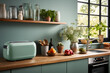 © Georgii - Fragment of modern Scandi style kitchen with green wall and green retro toaster. Wooden countertop with sink, green facades, built-in stove. Indoor plants in pots, wall shelf with jars and bottles.