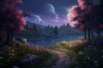 Wall Mural - A secluded path weaving through a birch forest beside the lake, bathed in the soft glow of a lilac-tinted moonrise.