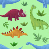Fototapeta Dinusie - Dinosaurs seamless pattern. Cute dinos children illustration. Isolated on green background