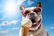 Funny animal pet summer holiday vacation photography banner - Closeup of bulldog dog with sunglasses, eating ice cream in cone, blue sky with sunshine in background 