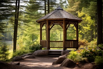 Wall Mural - A simple wooden gazebo positioned at a bend in the trail, offering a quiet spot to appreciate the surrounding natural beauty. Trailside gazebo.
