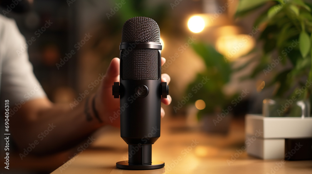 Generative AI, Microphone for podcast, man recording audio, host ...