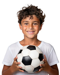 Portrait of a child athlete holding a soccer ball, transparent background (PNG)