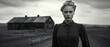 Swedish art house plot. A woman on a farm, expression full of meaning and conflicted emotion. In the style of a panoramic movie still.
