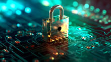 Golden Padlock On Electronic Circuit Board With Blurred Background, Cybersecurity Concept, Data Privacy, Data Protection, Digital Security