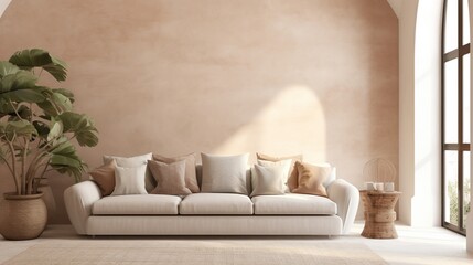 Sticker - Loft home interior design of modern living room. beige sofa with terra cotta pillows against arched window near stucco wall with copy space. 