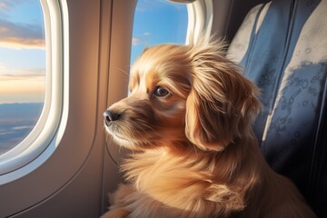 portrait of a cute fluffy ginger puppy looking out the airplane window