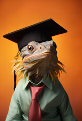 Wall Mural - An ostrich dressed in graduation attire gazes confidently, embodying a quirky take on academic success against an orange background.
