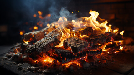 Wall Mural - burning firewood on fireplace in the winter
