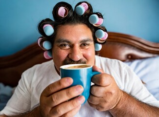 Poster - Funny chubby Indian man relaxing at home, having a cup of coffee, relaxing and taking a break, wellness,  spa day concept.