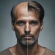 The head of a balding man before and after hair transplant surgery. Hair loss treatment. Hair transplantation and extension. Hair growth products. Generative AI.