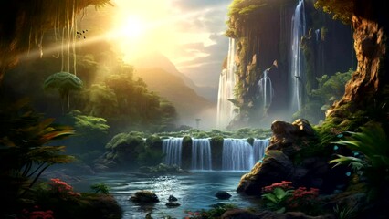 Wall Mural - Beautiful scenery waterfall in forest  of mountains and rivers at sunrise.  seamless looping virtual time-lapse video animation background. Generated with AI