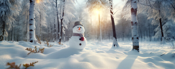 Wall Mural - Winter background with a snowman in a winter snowy forest. New Year header for a website with Copy space.