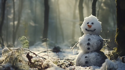 Wall Mural - Winter background with a dirty melted snowman in a winter snowy forest. New Year header for a website with Copy space.