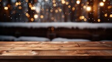 Empty Old Wooden Table With Winter Theme In Background