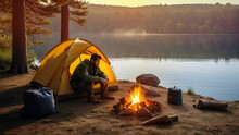 Man Sat In His Tent Watching The Campfire By A Lake