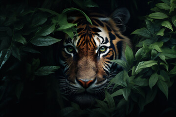 a tiger peeks out from behind a bush of leaves in close up in a tropical rain forest.