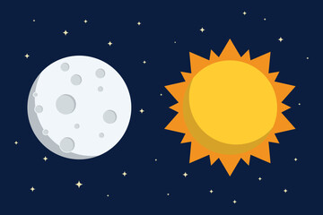 Wall Mural - Sun and full moon flat style design vector illustration on outer space background